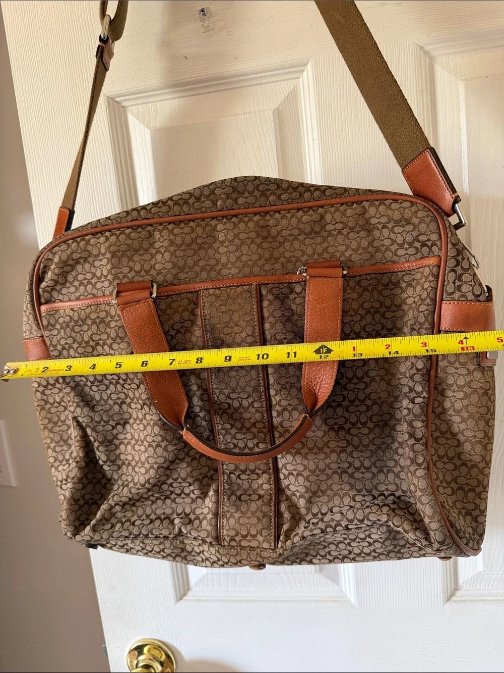 Large Coach Signature Canvas Briefcase with Tan Leather Trim
